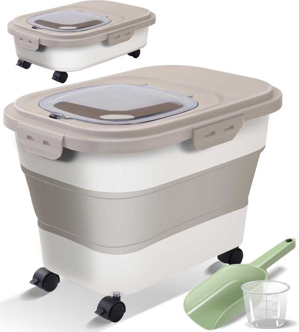 Collapsible Dog Food Storage Container, Airtight 30 35 Lbs Rice Cereal Flour Sugar Kitchen Accessories Bin Bucket, 20 25 Lbs Dog Cat Pet Holder Gift Travel Essentials Must Haves Gear Stuff Necessities (Khaki)