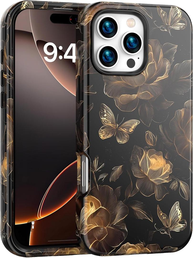 ANNSD for iPhone 16 Pro Max Case,3 in 1 Lightweight and Stylish Full Body Shockproof Protective Cover,Military Grade Protective Case-Black Flower