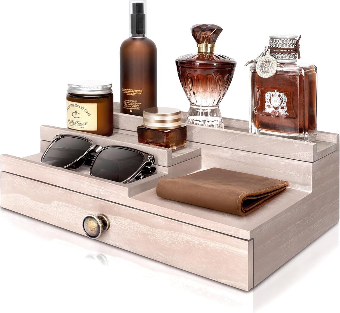 EOSAHR Farmhouse Cologne Organizer for Home Decor - 3 Tier Cologne Stand with Hidden Compartment and Storage Drawer - Perfume Stand Organizer for Bedroom and Dresser (Natural)