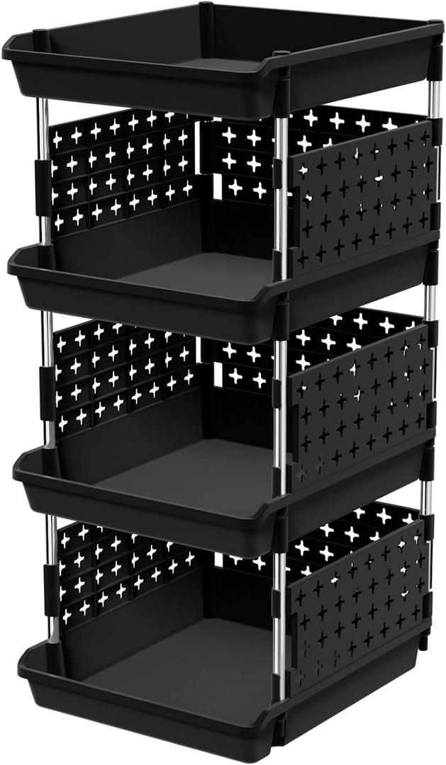 Lifewit Plastic Stackable Storage Baskets, 4 Tier Stacking Bins for Food and Clothes, Multifunctional Organizer for RV, Kitchen, Playroom, Pantry, Black, 35 x 30 x 72 cm/14 x 12 x 28 inch, 1 Pack
