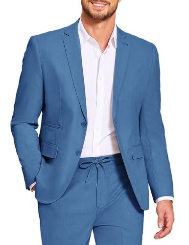 COOFANDY Men's 2 Piece Linen Suits Regular Fit Lightweight Summer Beach Wedding Linen Suit Set Blue XL