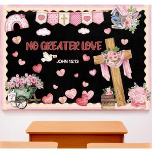 Glenmal Christian Valentine's Day Bulletin Board Set Watercolor No Greater Love John 15:13 Classroom Decoration Inspirational Bible Verse Cross Heart Cutouts for Sunday School VBS Chalkboard Decor