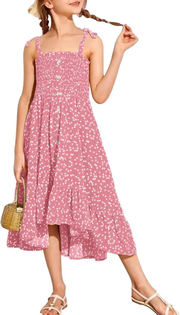 Girls Summer Dress Kids Sleeveless Tie Strap Boho Beach Midi Dress Smocked Ruffle Flowy Sundresses (5-6 Years, Pink)