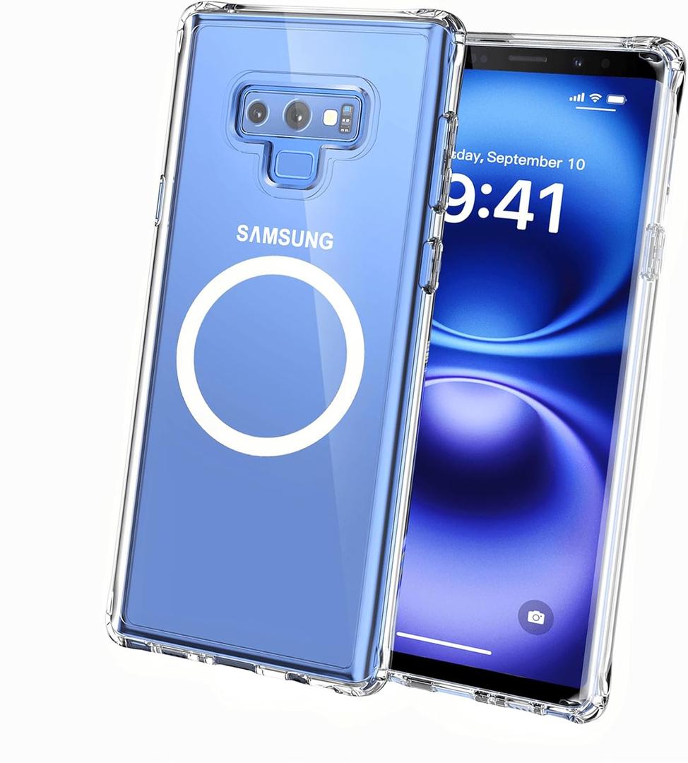 Clear Magnetic Phone Case for Samsung Galaxy Note 9, 6.4-Inch Crystal Transparent Shockproof Military-Grade Protection TPU Bumper PC Anti-Yellowing Slim Fit Wireless Charging Compatible