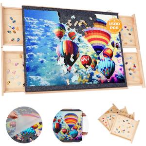 1500 Piece Rotating Puzzle Board with 4 Drawers, 27"x36" Wooden Jigsaw Puzzle Table with Cover, Portable Puzzle Board for Adults Kids Seniors
