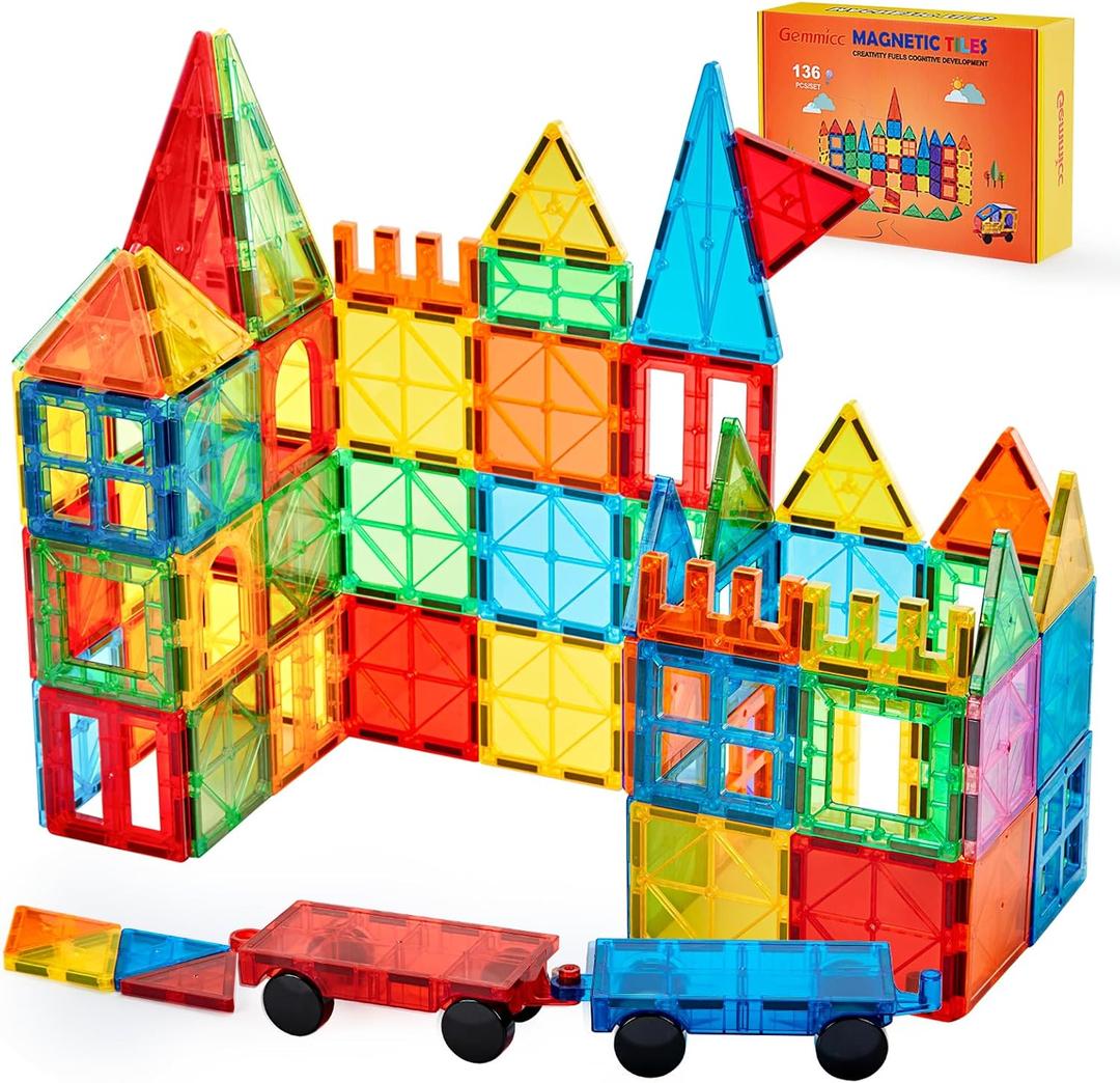 Gemmicc Magnetic Tiles, Deluxe 136 PCS Building Blocks Magnet Toys for Kids,3D Magnet Puzzles Stacking Blocks for Boys Girls,Huge Set with 2 Cars