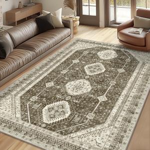 LOKHOM 5x7 Area Rugs for Living Room, Non-Slip Washable Vintage Area Rug, Low Pile Soft Faux Wool Large Floor Carpet Accent Rug for Bedroom Kitchen Entryway Dining Room Nursery,Vintage Brown