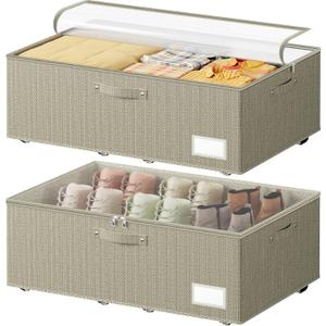 Dayacoco Underbed Storage with Wheels, 2 Pack Under Bed Storage Containers with Clear Lids, No Assembly Required 10.1 inch Rolling Under Bed Storage for Clothes, Beige