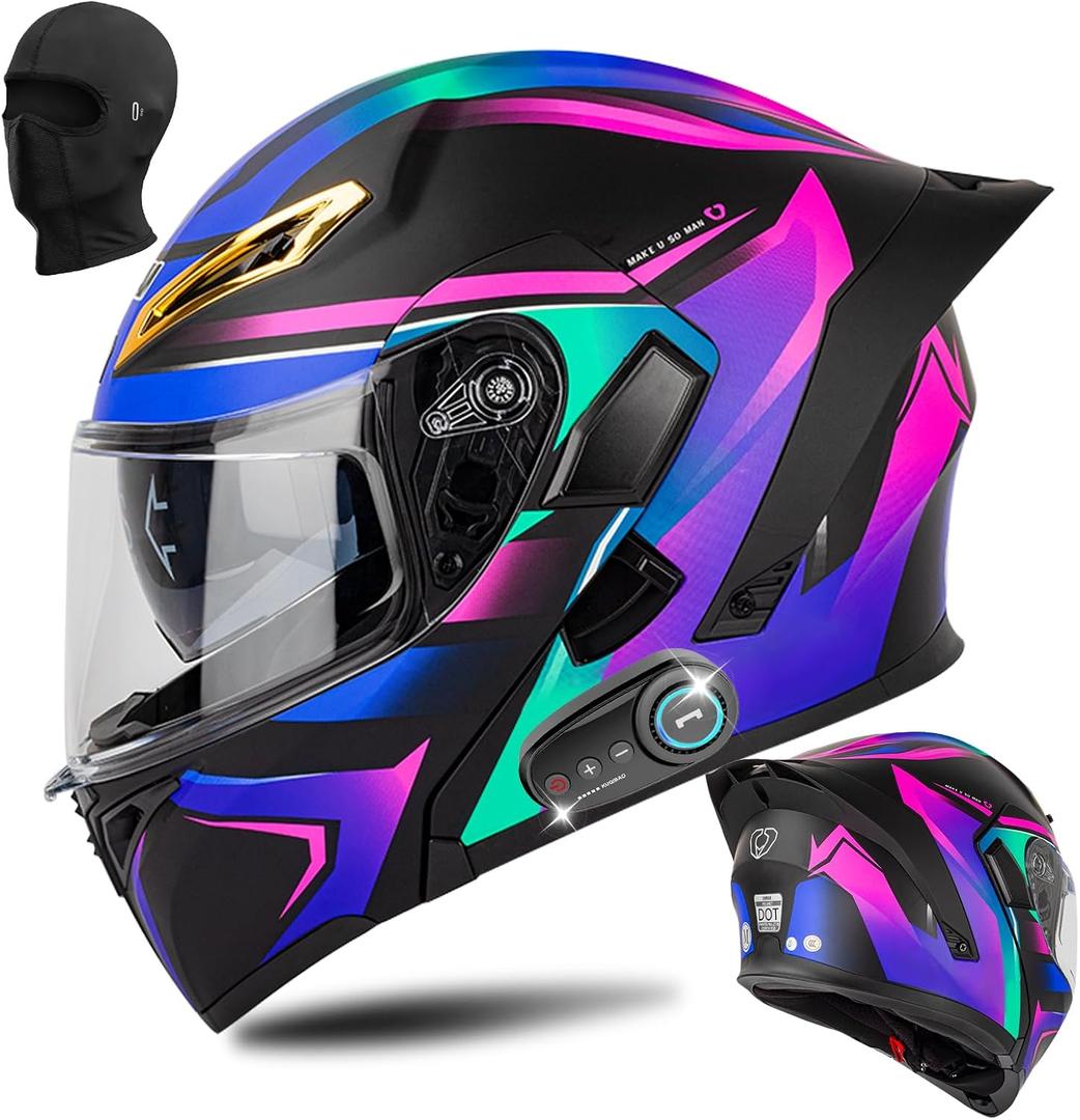 Bluetooth Modular Motorcycle Helmet DOT Certified Flip Up Full Face Integrated Anti-Fog Dual Mask Helmet Street Motorcycle Helmet Built-in Dual Speaker Microphone for Adults, Men & Women (A,Small)