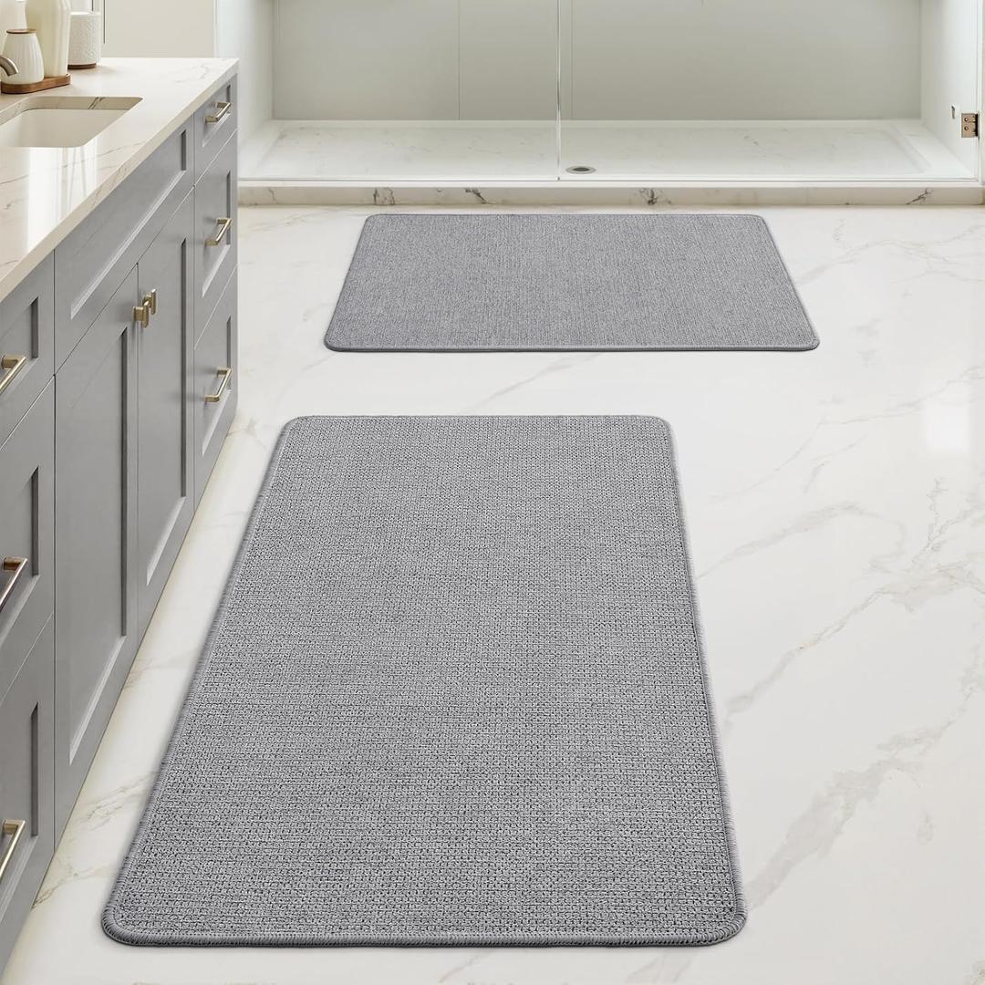 MIULEE Set of 2 Ultra Thin Bathroom Rugs, Rubber Bath Mats for Bathroom Non Slip, Quick Dry Absorbent Bath Rug Machine Washable, Fit Under Door, Shower, Sink, Home Decor, Grey, 17"x27"+20"x32"