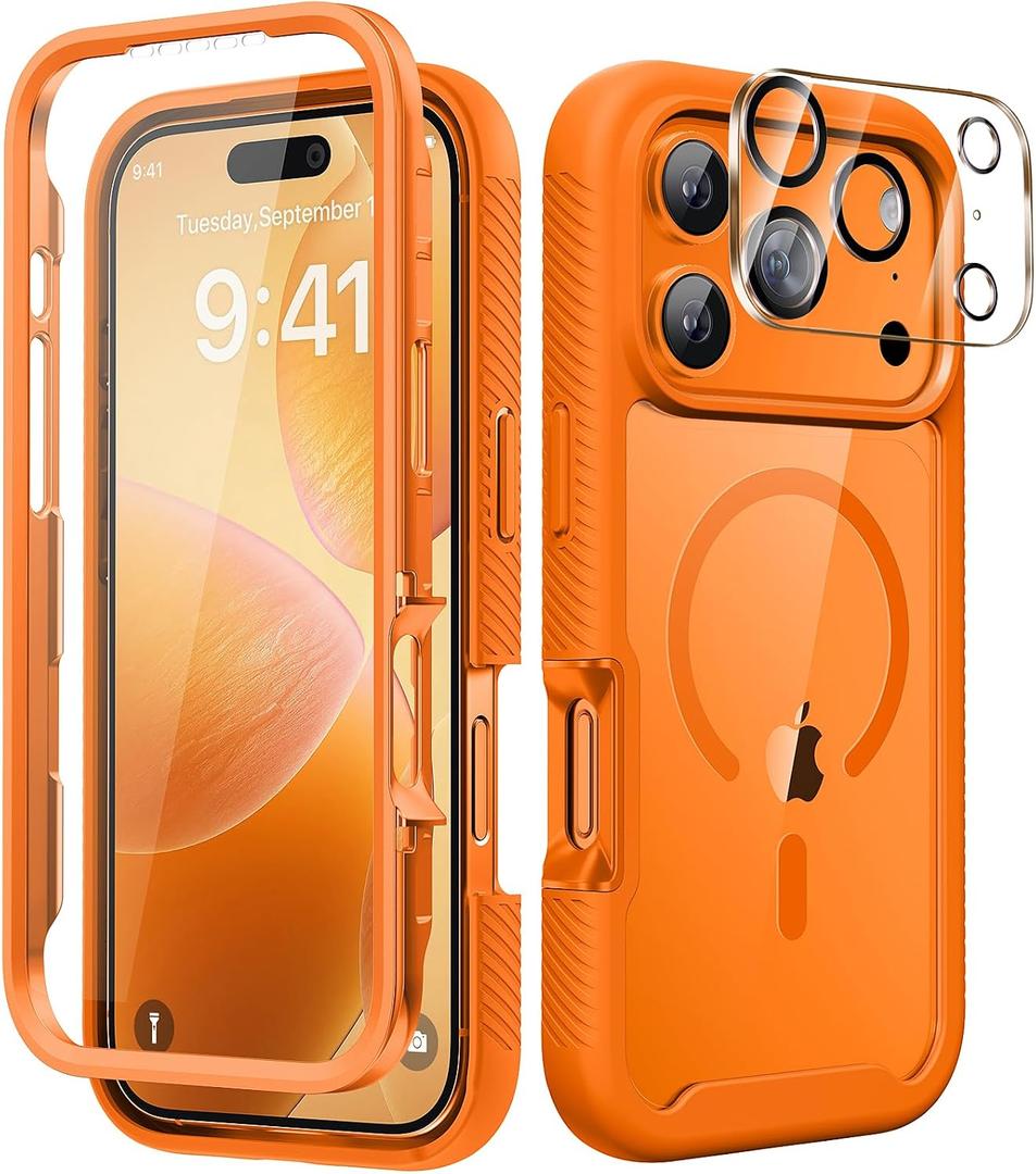 Magnetic for iPhone 17 Pro Max Case with Built-in Sensitive Screen Protector, Full-Body Dual Front& Back Protective Phone Case[Compatible with MagSafe] DropProof 17 ProMax Cover 6.9",Orange