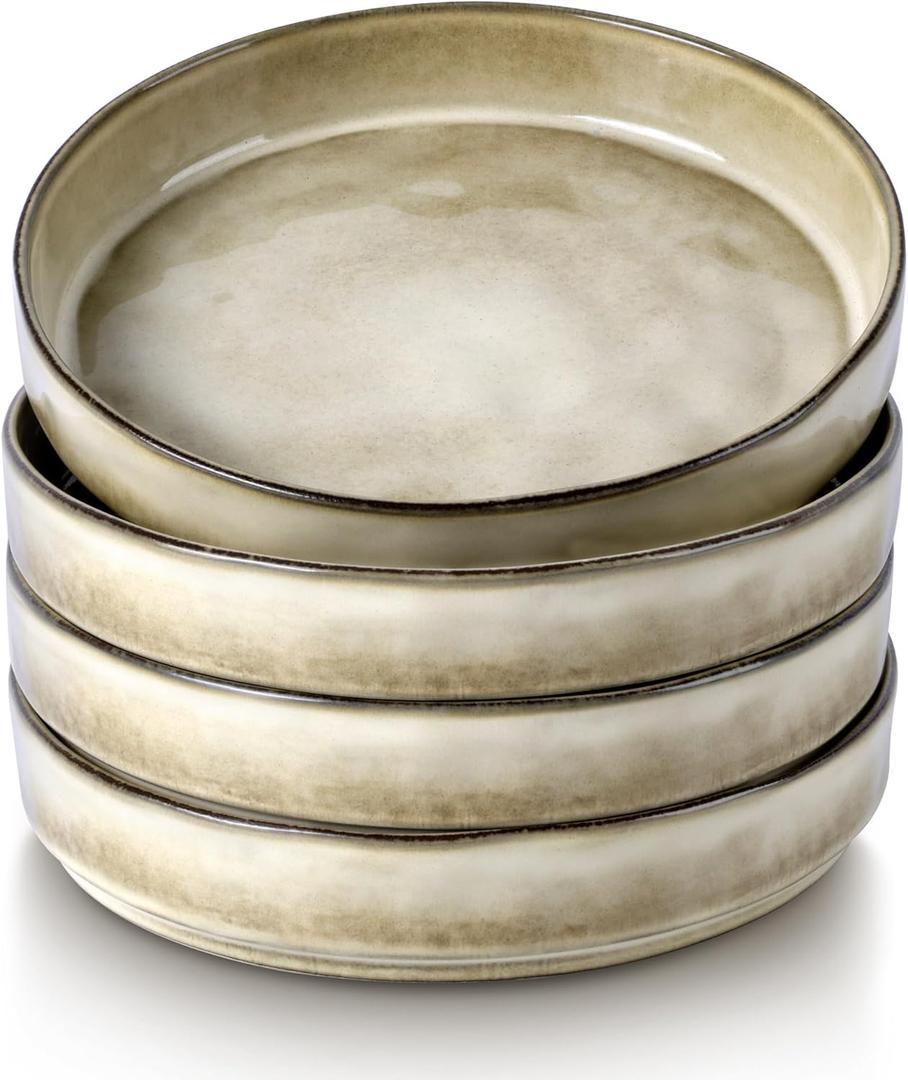 LIANYU Pasta Bowls, 8.25 Large Bowl Sets of 4, Stoneware Round Shallow Dinner Plates for Meal, Ceramic Salad Serving Plate for Cereal, Soup, Dishwasher & Microwave Safe, Sandy Beige