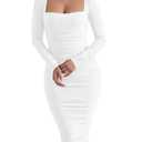 HOCILLE Women's Sexy Long Sleeve Bodycon Square Neck Ruched Cocktail Party Midi Dresses, L, White