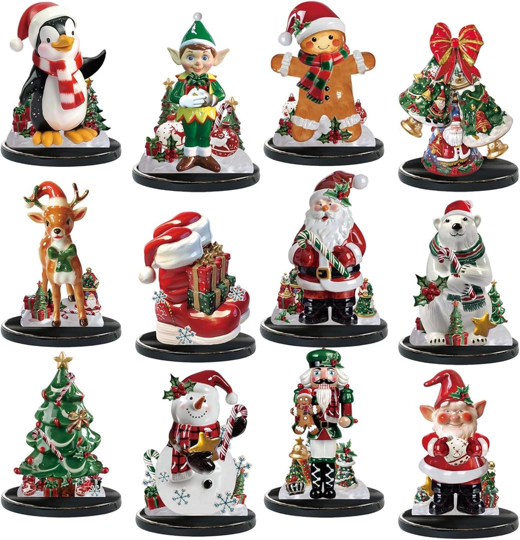 Yousoontic 12 Pcs Christmas Wooden Table Centerpieces Decorations Santa Claus Snowman Polar Bear Penguin Nutcracker Elk Wooden Signs Tabletop Centerpieces Home Decor for Xmas Holiday (Classic)