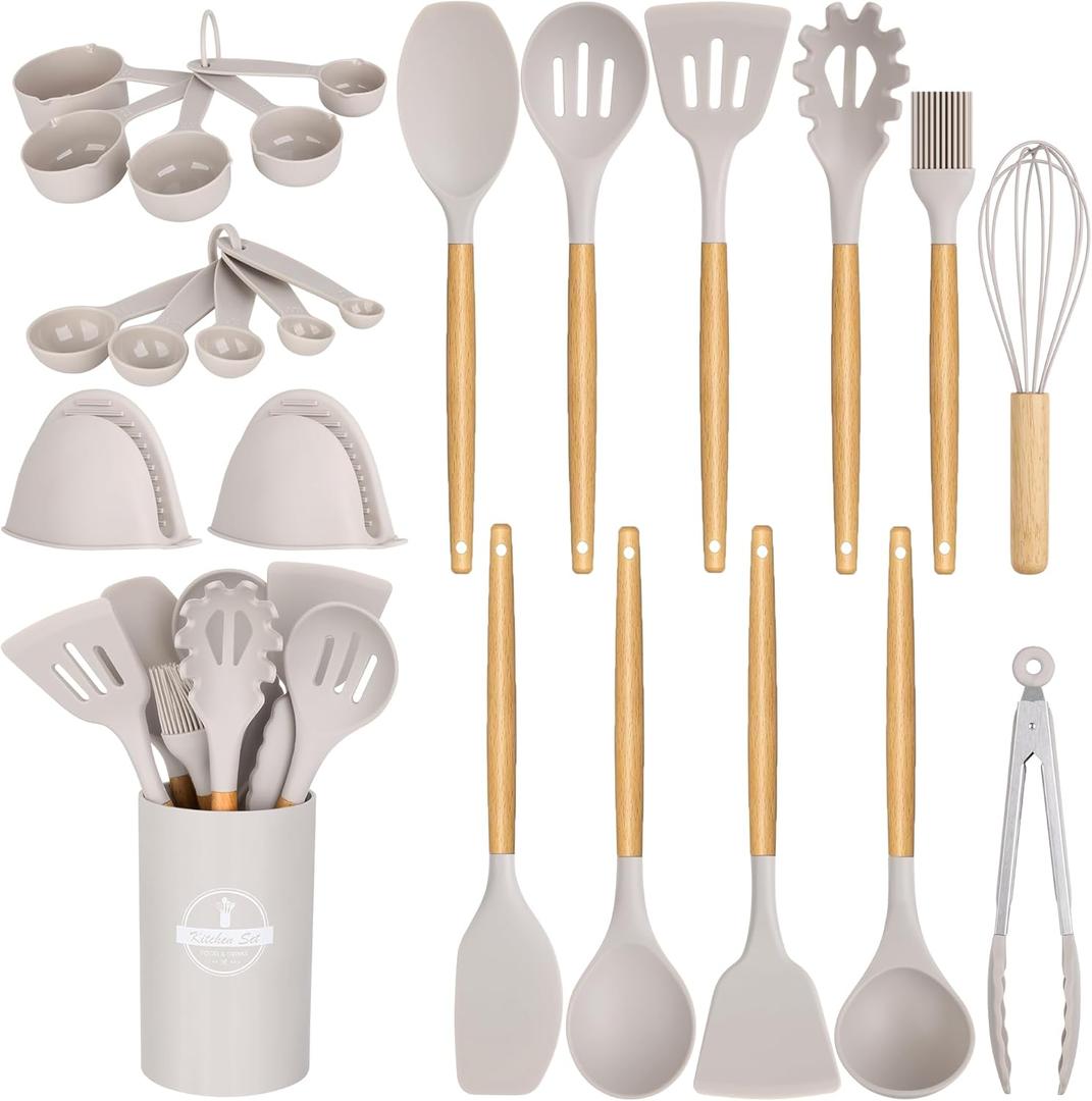 24 Pcs Kitchen Cooking Utensils Set,446F Heat Resistant Non-Stick Silicone Kitchen Utensil Set With Wooden Handles and Holder,Kitchen Gadgets for Cookware,Kitchen Accessories,Khaki (White)
