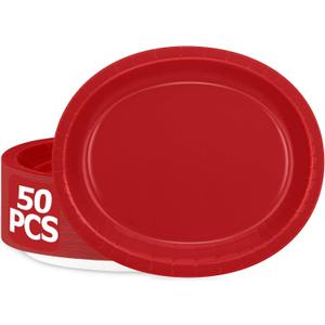 QZYL 50 Pcs Party Decorations, 12.2'' X 10.2'' Oval Large Paper Plates, Red Disposable Heavy Duty Paper Plates for Birthday Party, Wedding, Picnic, Barbecue, Holiday