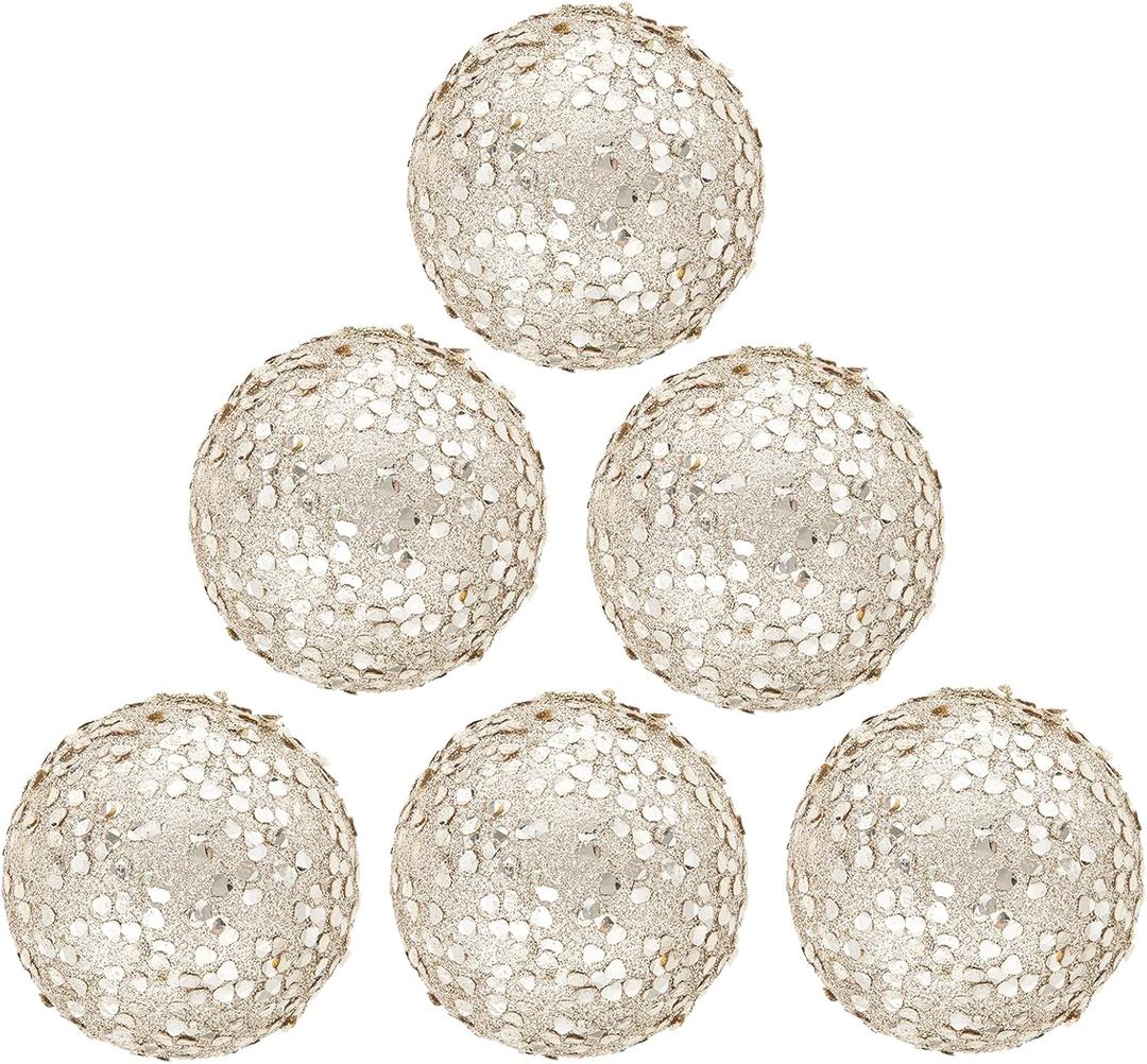 Christmas Ball 6 Pcs Glitter Foam Christmas Ornaments 3.9'' Eyelet Sequin Hanging Decorations Festive Tree Decor for Holiday Season Christmas Decorations (Champagne)
