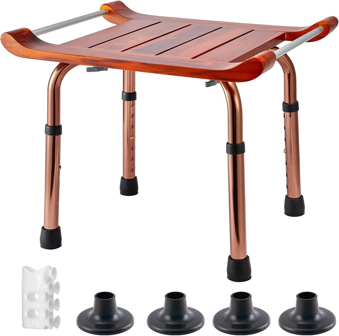 Teak Shower Bench with Handles, Shower Chair for Inside Shower, Height Adjustable Stool, Attached Shower Head Holder Skid pad, Supports Up to 300 Lbs Both Indoor and Outdoor use