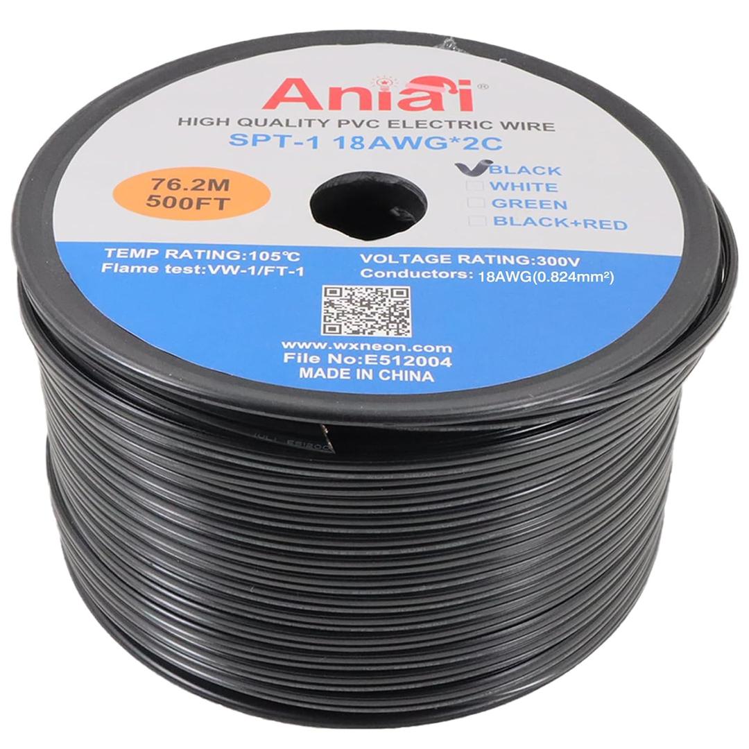 18/2 SPT-1 Wire 500FT - Low Voltage Landscape Wire Electrical Wire - 18 Gauge Electrical Wire 2 Conductor - Black