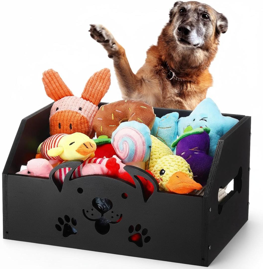 AceOrbit Large Dog Toy Basket, 13.5 x 9 x 7 Inch Wood Dog Toy Bin with Handle Pet Stuff Organization and Storage for Toys, Chew, Blankets, Leashes, Food Gift for Living Room Area(Black)