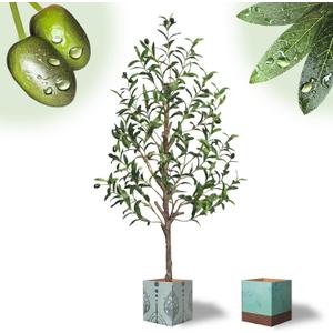 Artificial Olive Tree with Water Droplets: 4ft Potted Realistic Fake Plant Trees with Fruits for Indoor Home Room Office Balcony Decor (Green)