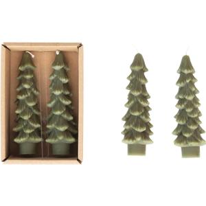 Creative Co-Op Unscented Tree Shaped Taper Candles, Evergreen, Boxed Set Of 2 (5")