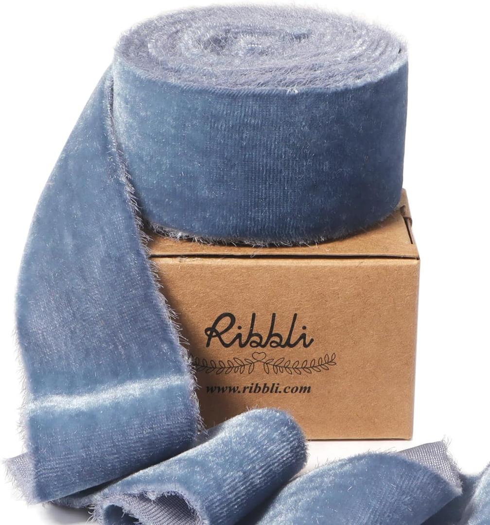 Ribbli Dusty Blue Velvet Ribbon 1.5 Inch Handmade Frayed Vintage Christmas Ribbon for Gift Wrapping Christmas Tree Ornament Wreath Craft Home Decor -3 Yards