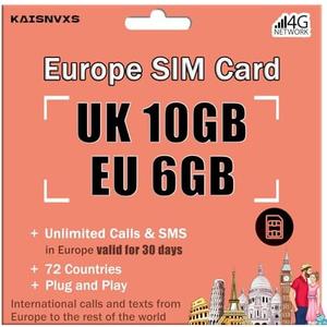 Prepaid SIM Card for Europe Travel - 10GB in UK / 6GB 4G High Speed Data Roaming in 71 Europen Countries for 30 Days, Unlimited Calls & Texts with UK Phone Number, No Need Activation,Plug and Play