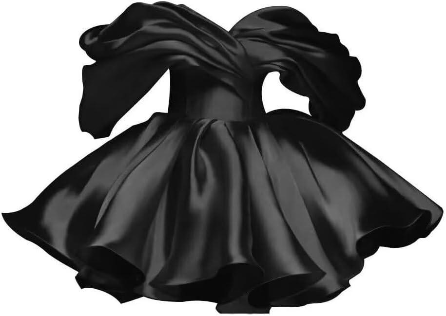 Teens A-line Ruffles Satin Short Party Dress Off Shoulder Short Homecoming Cocktails Dress for Women (Black) 8
