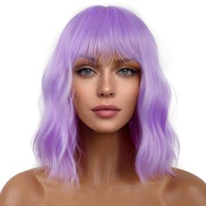 Short Bob Wigs with Bangs for Women Loose Wavy Wig Curly Wavy Shoulder Length Bob Synthetic Cosplay Wig for Girl Colorful Costume Wigs (Purple)
