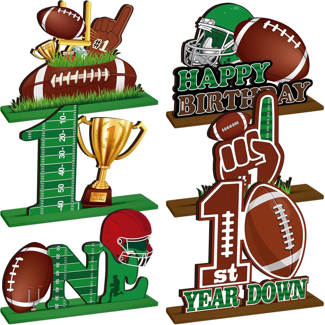 6 Pcs Football 1st Birthday Decorations Football Table Centerpiece Wooden First Year Down Themed Party Supplies First Down Rugby Ball Decor Table Toppers for One Year Old Baby Shower