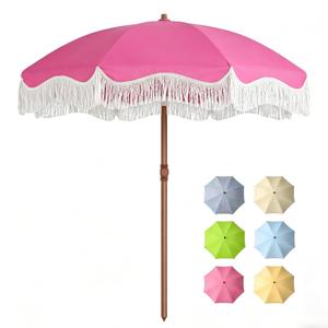 Tobeos 7FT Patio Umbrella with Fringe, Outdoor Tassel Umbrella with Fiberglass Ribs, Boho Beach Umbrella, Push Button Tilt and Carrying Bag, UPF50+, Rose Pink