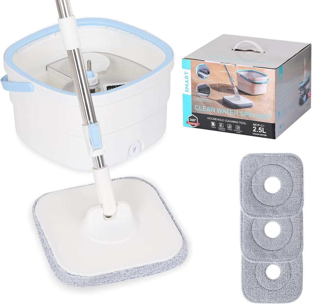 Spin Mop and Bucket with Wringer Set for Home Cleaning Spinning Mops with Separate Dirty and Clean Water Wet and Dry Mop for Floors (Square Spin Mop, 3 Washable Microfiber Mop Pads) (Big)