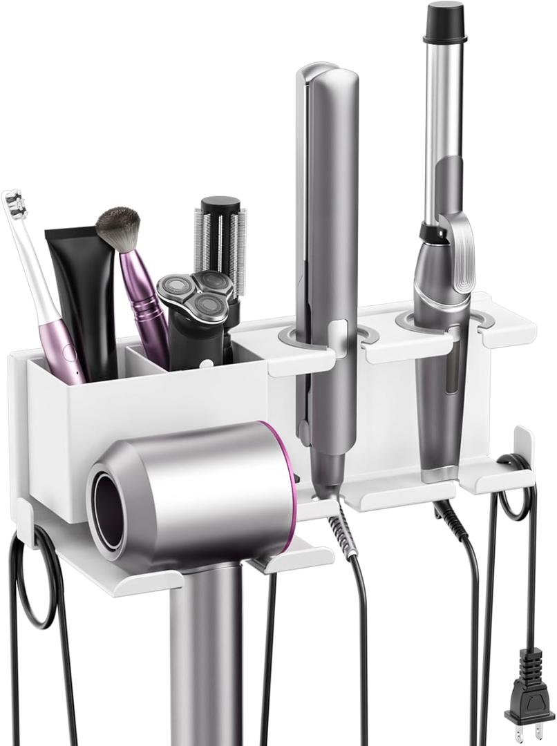 YSD Hair Dryer Holder Wall Mounted, Metal Hair Tools Organizer, Hair Dryer Holder for Blow Dryer, Curling Iron, Straightener, 3 in 1 Bathroom Hair Tool Organizer, White