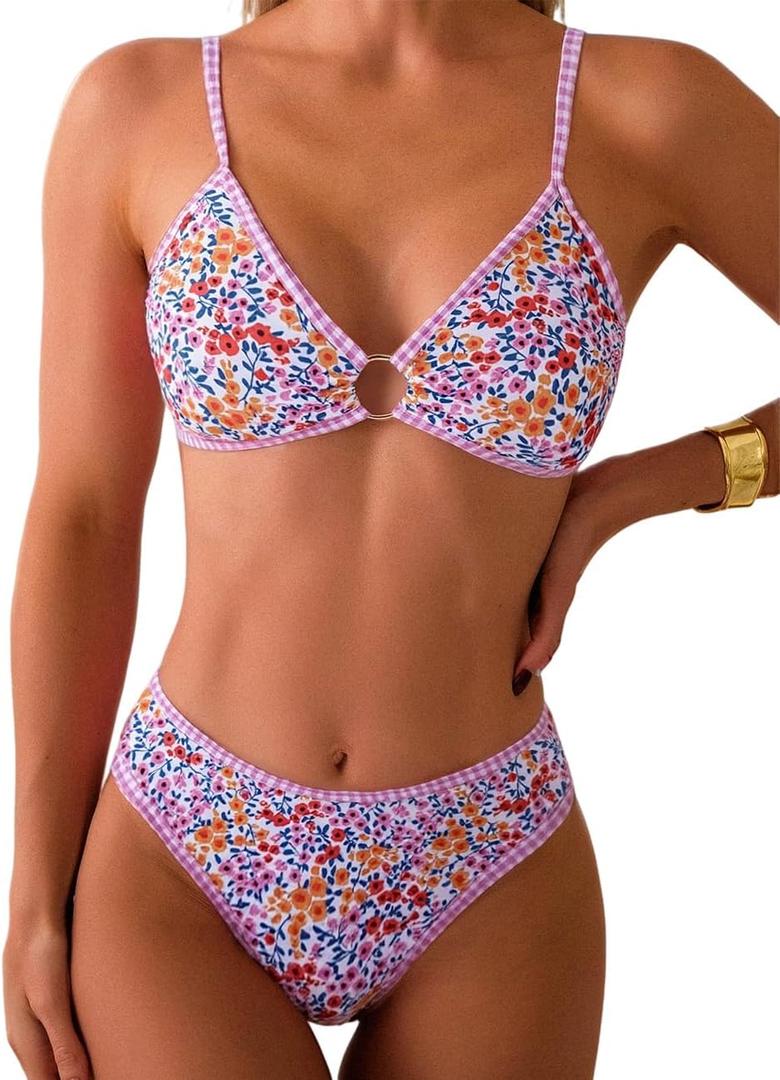 Tainehs Women's Two Piece Bikini Sets O Ring Front Top Ditsy Floral Triangle Swimsuits Cheeky Bathing Suit Tainehs Women's Two Piece Bikini Sets O Ring Front Top Ditsy Floral Triangle Swimsuits Cheeky Bathing Suit