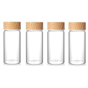 Nuogo 4 Pack Glass Bottles with Lids 12 oz Juicing Bottles Reusable Wide Mouth Glass cups Airtight Leak Proof Drinking Milk Water Tea cups for Storage (Wood)