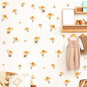 Daisy Flower Wall Decals Watercolor Boho Flowers Wall Stickers Small Floral Stickers Boho Retro Flower Decal Daisy Wall Decals for Baby Room Girl Bedroom Nursery Decor