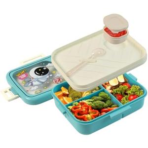 3 Compartments Bento Lunch Box, Leakproof Lunch Container with Spoon and Sauce Container for On-the-Go Meal, Reusable & BPA-free, Microwave & Dishwasher Safe, Blue