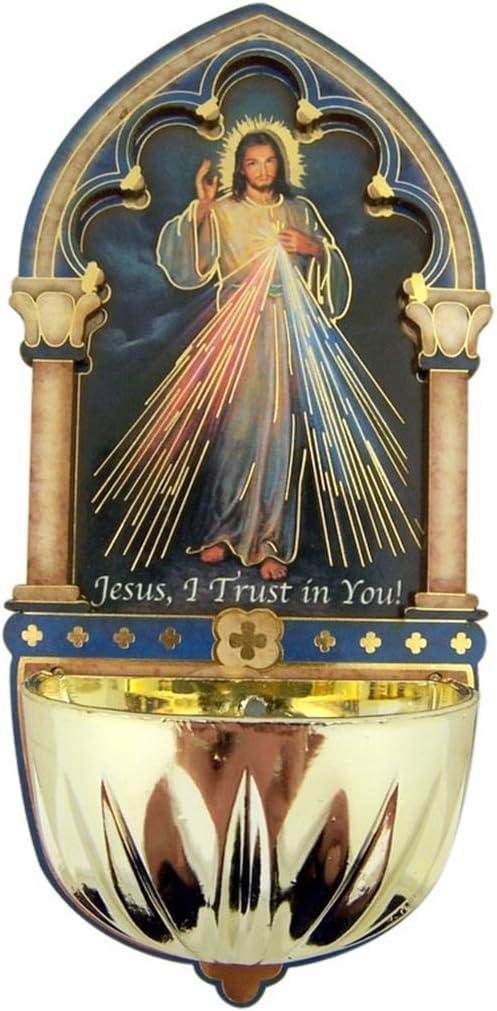 Religious Gifts - Divine Mercy Gold Embossed Laser Cut Wood Multi-Dimensional Holy Water Font, 5 Inch