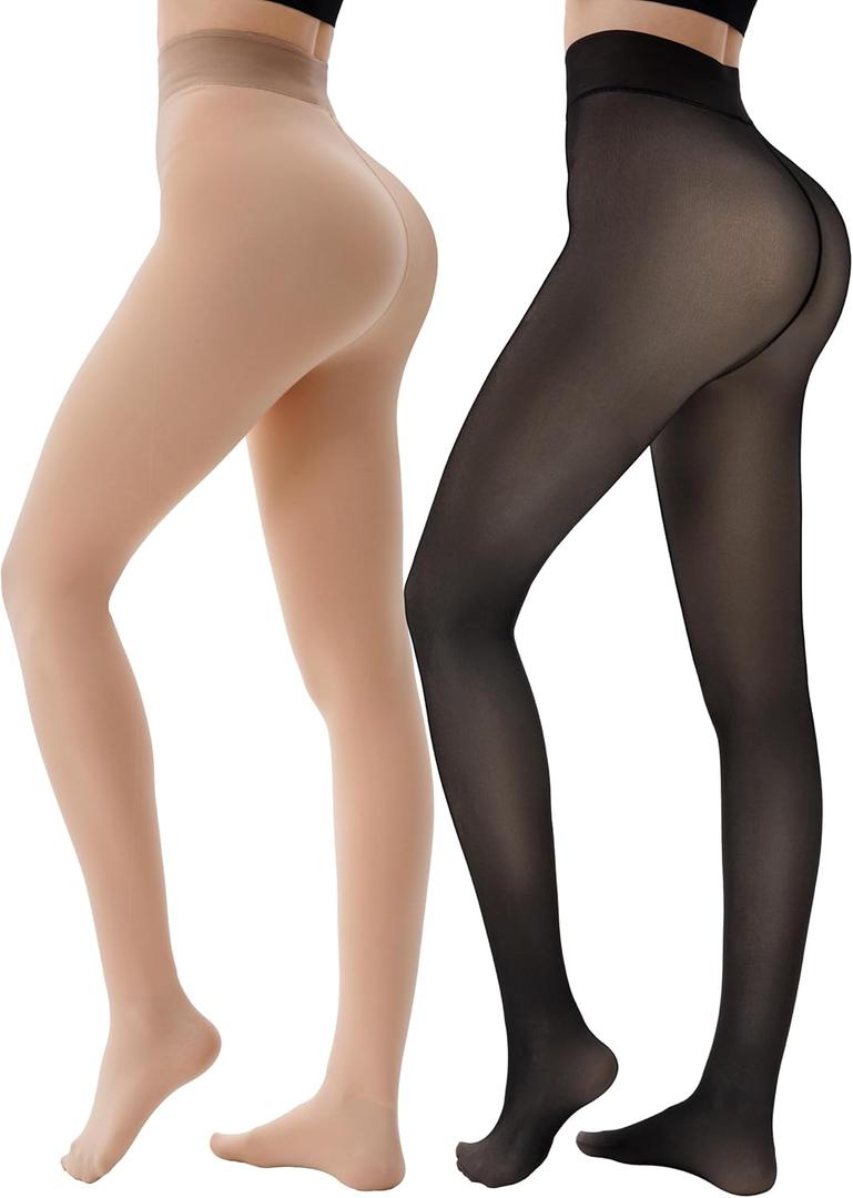 HONGTEYA 2 Pairs Fleece Lined Tights Women - Warm Sheer Pantyhose Fake Translucent Tights Winter Thermal Leggings, Black/Nude (Small)