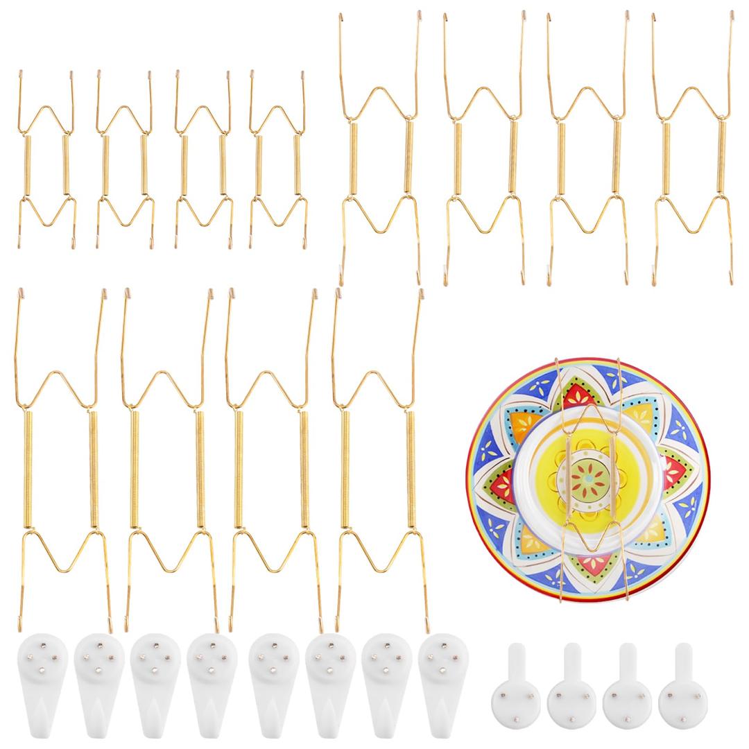 15 Pack Plate Hangers for The Wall, Invisible Heavy-Duty Stainless Steel Wire Plate Hangers for Display with 15 Pieces Hooks for Wall Decorative/ Platter/Plates/Picture (6/8/10 Inch, Gold)
