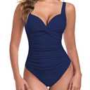 Colloyes Women's Twist Front One Piece Swimsuits Ruched Bathing Suits Sweetheart Neckline Swimwear Navy Blue Size Small