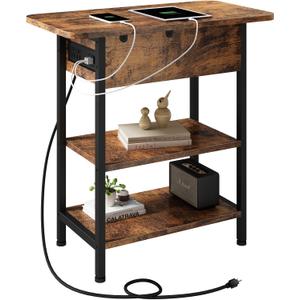 LIDYUK End Table with Charging Station, Flip Top Side Table with USB Ports and Outlets, Nightstand for Small Spaces, Bedside Tables with Storage Shelf for Living Room, Bedroom, Brown (Pack of 1)