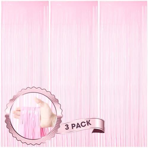 Voircoloria 3 Pack 3.3 x 8.2 ft Pasel Pink Foil Fringe Backdrop Curtains, Tinsel Streamers Birthday Party Decorations, Fringe Backdrop for Graduation, Baby Shower, Gender Reveal, Disco Party