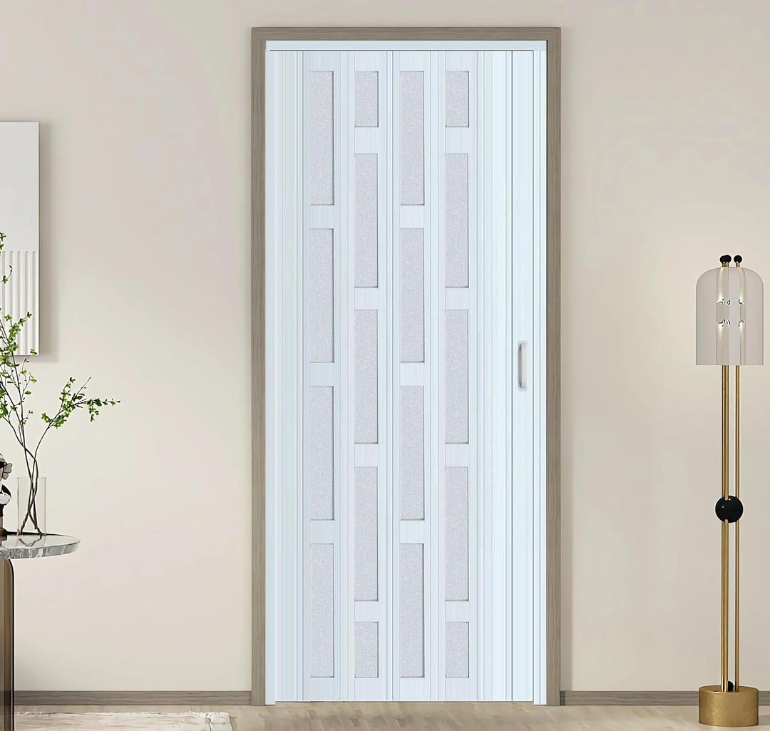 DIYHD 36X80in Glass Accordion Door with Latch&Handle, Double-Layer Thickened PVC Folding Interior Door with Frosted Acrylic - Blocks Views, Lets Light In, Easy Install for Closet, Utility&Room Divider