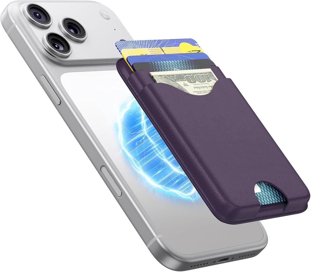 Magnetic Wallet Purple Vegan Leather Upgraded for MagSafe Wallet, 5 Card-Holder, for iPhone, with Adjustable Stand, for iPhone 16/15/14/13/12 Series, Not for Mini, Ultra-Slim