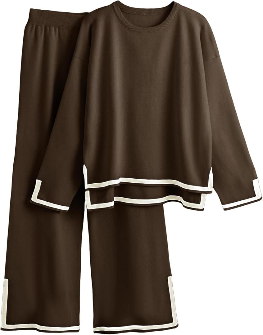 Tanming Women's 2 Piece Outfits Long Sleeve Knit Sweater Top Wide Leg Pants Lounge Sets Tracksuits (Large, Coffee)