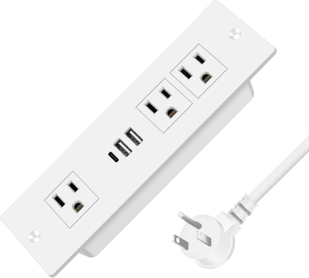 Recessed Power Strip, Furniture Plug in 3 Outlets & Fast Charging 20W PD USB-C Port & 18W/3A QC3.0 USB-A Ports Drawer Outlet with 10 FT Flat Extension Cord, White Desk Grommet Outlet for Table Top
