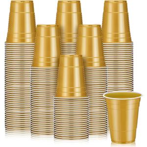 Lounsweer 100 Pcs 16 oz Disposable Party Cups Plastic Heavy Duty Drinking Water Cups for Graduation Baby Shower Wedding BBQ Birthday Picnic Party Supplies(Gold)