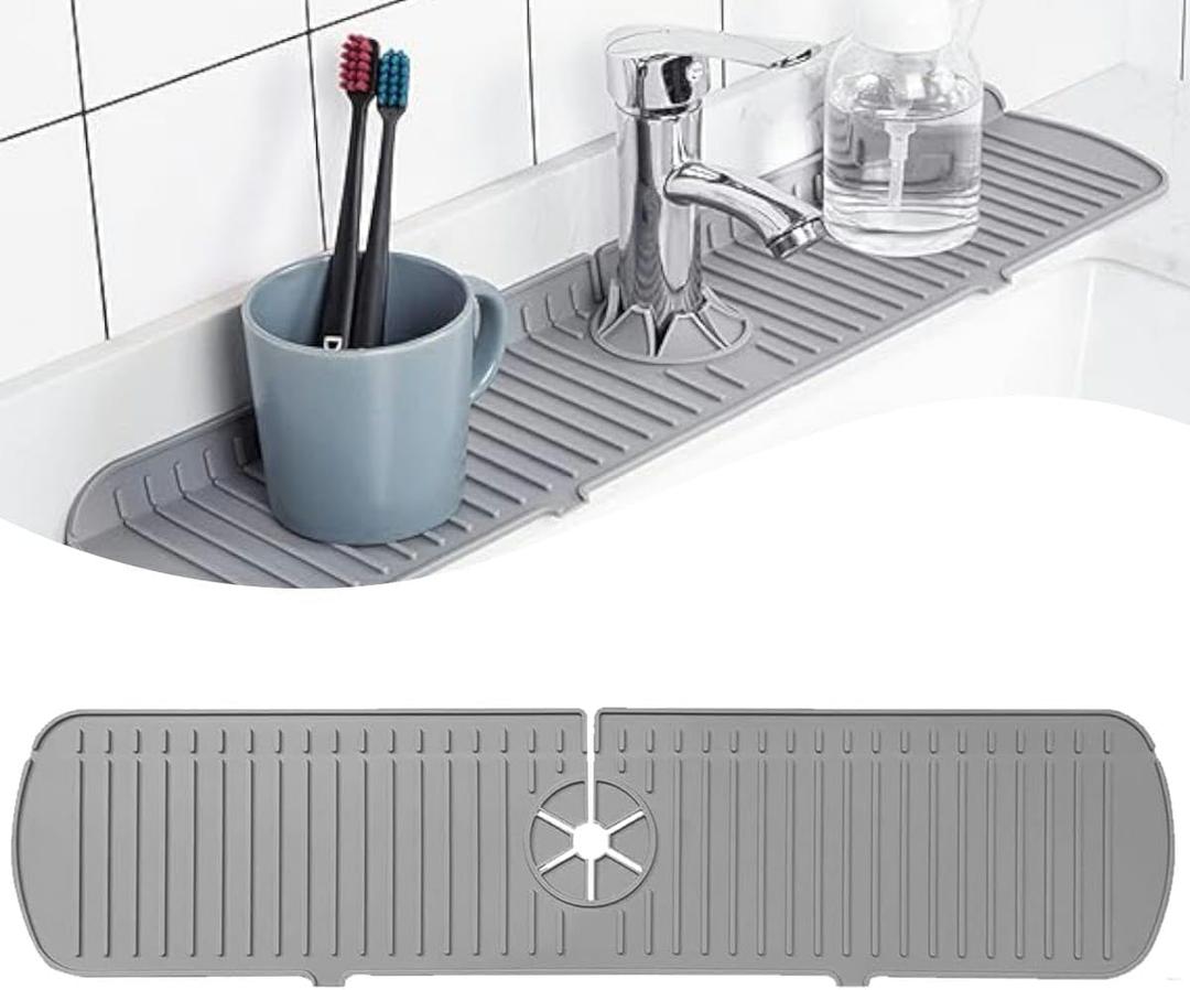 24 Inch Faucet Mat for Kitchen Sink  Silicone Draining Mat for Kitchen Sink and Bathroom  5Slope Fast Self-draining Kitchen Sink Splash Guard  Gray